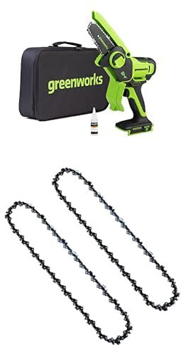 Greenworks 24V Mini Motosierra 10cm Motosierra a batería sin cable sin batería ni cargador, velocidad de cadena de 7,8 m/s, + Cadena de Sierra de 2 piezas para barras de 4 pulgadas (10 cm)