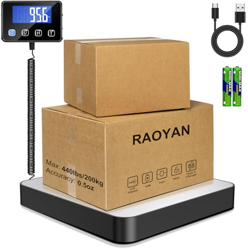 RAOYAN Bilancia pesa Pacchi 200kg/10g Alta Precisione, Bilancia Professionale con Funzione Hold/Tara, Bilancia Postale Piattaforma in Acciaio Inossidabile per Pacchi, Magazzino e valigia
