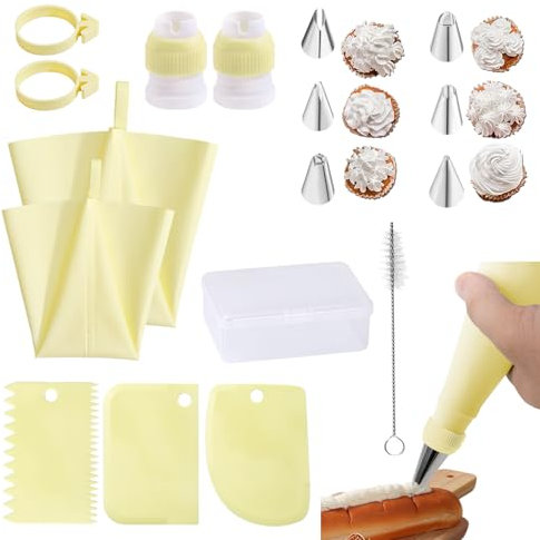 Lvjkes 16 Stück Spritzbeutel mit tüllen, Spritzbeutel wiederverwendbar, Spritztülle Edelstahl, Leicht zu reinigen und langlebig für Kuchen, Torten, Blätterteig und Keksdekoration verwendet, Gelb