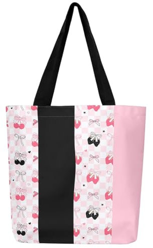 Loussiesd Bogenknoten Leinwand Einkaufstasche Mädchen Erdbeere Tragetasche Träumende Prinzessin Stil Patchwork Geometrische Mädchenhaft Stofftasche Schwarz Rosa Handtasche für Schularbeit