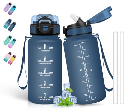 Trinkflasche Kinder, Trinkflasche 500ml, Trinkflasche mit Strohhalm, Leicht zu Reinigen, Trinkflasche Auslaufsicher, Trinkflasche mit Uhrzeit, Wasserflasche für Schule, Reisen, Camping, Marineblau