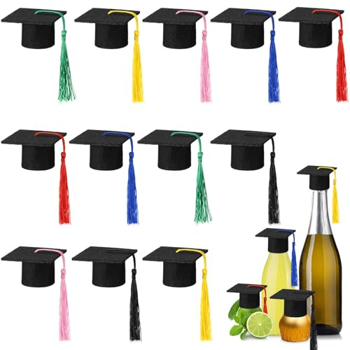 Geiserailie 12 Pcs Mini Cute Graduation Cap Doctor Bachelor Hat Wine Bottle Toppers Caps Covers DIY Bottle Toppers Abitur Cap for ABI 2026 Home Party Decorations Gifts