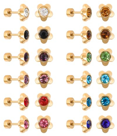JMFENFA 12 Pairs Stainless Steel Flat Back Stud Earrings Gold Plated Surgical Steel Screw Back Round Star Heart Flower Birthstone Cubic Zirconia Stud Earrings Set