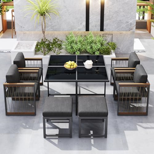Merax 7-teiliges Garten-Essgruppe, Esstisch-Set für 6 Personen, Tisch mit gehärtetem Glas & Akazienholz-Armlehnen, Abnehmbaren Kissen, Für Garten, Terrasse, Balkon, Schwarz, Holzfarbe