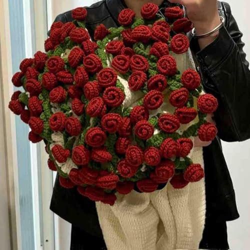 Coperta con bouquet di fiori, coperta con bouquet di rose all'uncinetto fatta a mano, finita o confezione di materiali, kit di materiali per coperte con bouquet di rose (Red, Material Package)