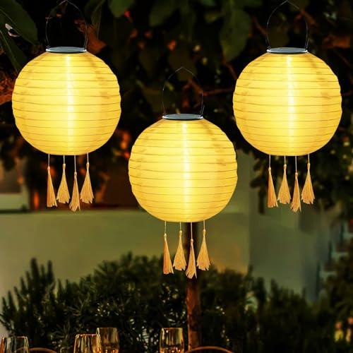 Lampions Solar Outdoor Hängend 3er Set, Solar Lampions Außen Wetterfest mit 4 Quaste, Solarlampions für Außen Hängend, Wasserdicht LED Solarlampen Draußen Solarleuchten für Garten, Höf, Deko (20CM D)