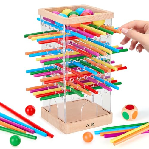 Montessori Game Wooden Board Games, 48 Colorful Sticks Kids Games with 12 Balls, Educational Toys for 3 4 5 6 Year Old, Math Learning & Fine Motor Skills Toy, Family Travel Game Gifts for Boys Girls