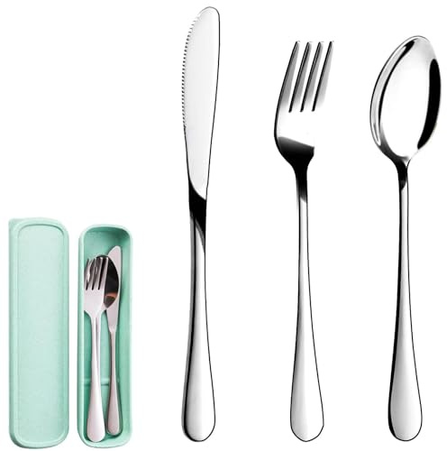 Teouuas 3 Piezas Cubiertos Camping, Cubiertos para Llevar Reutilizables, Juego de Utensilios de Camping Inoxidable con Estuche, Cuchillo Tenedor Cuchara para Picnic, Viajes, Fiesta (Plateado)