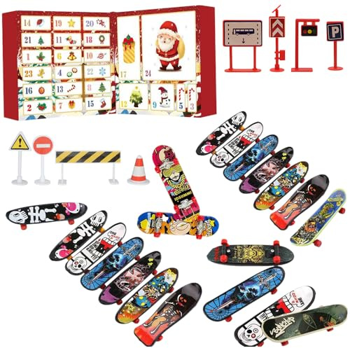 Rppiup Finger Skateboards Advent Calendar 2025, Mini Skateboard Kids Advent Calendar 2025 Kids, Fidget Toy Advent Calendar 2024, 24-Day Christmas Countdown with Finger Skateboard Gifts for Boys Girls
