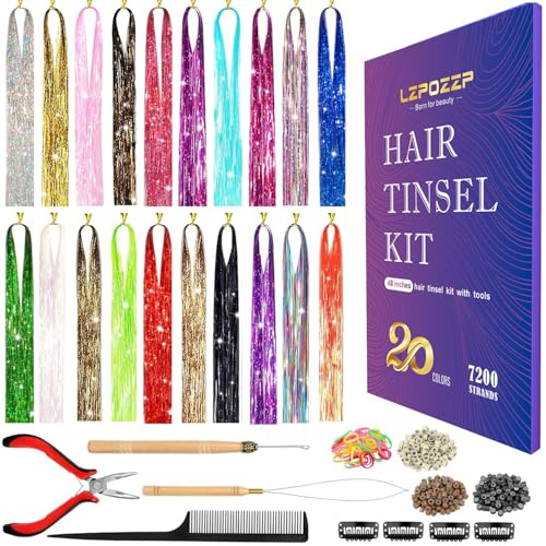 Hair Tinsel Kit (20 Colors, 48 Inch, 7200 Strands) Sparkling Tinsel Hair Extensions with Tools Heat Resistant Shiny Fairy Hair Tinsel Extensions for Women Girls