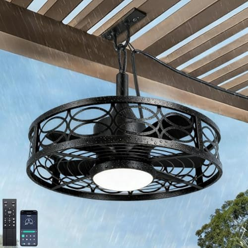 KZT Outdoor Deckenventilator mit Beleuchtung und Fernbedienung IP65 Wasserdicht Vintage Lampe Mit Ventilator, Dimmbare, 6 Geschwindigkeiten, Leise, Timer, Ventilator Deckenlampe für Garten Terrasse