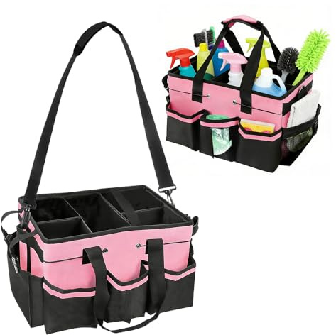 RNPKZ Cleaning Caddy Bag, Cleaning Caddy Organiser with Handle, Adjustable Shoulder Strap & Multiple Pockets, Large Multi-Compartment Cleaning Products Organiser for Housekeeper Car Detailing (Pink)