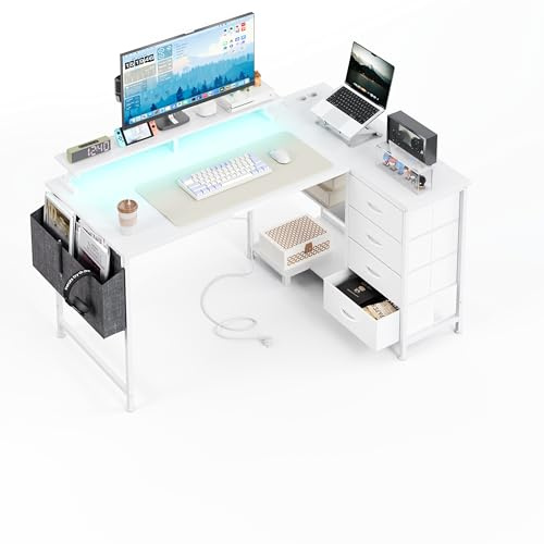 CAIYUN Eckschreibtisch mit 4 Stoff Schubladen, 120x90cm Schreibtisch L Form Reversibler mit USB-Ladeanschluss und Steckdose, L förmiger Schreibtisch mit Monitorablage für Homeoffice (Weiß)