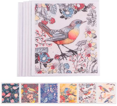 Polly Online Swedish Dishcloths for Kitchen,6 Pack Cloth Paper Towels Reusable Washable,Super Absorbent Dish Towels,No Odor,Biodegradable,Flowerbirds Design
