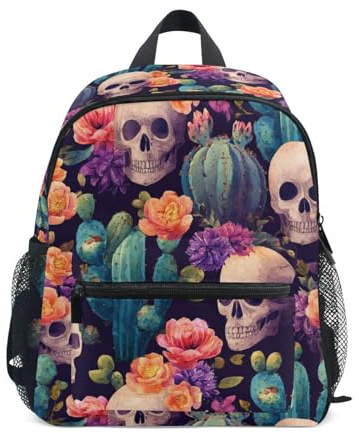Wudan Boho Totenkopf mit Blumen Kaktus Dunkel Kinder Camping Rucksack mit Taschen Jungen Mädchen Bücher Tasche