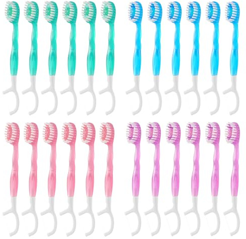24 Stück Mini Zahnbürste to go 5 in 1 Einmalzahnbürsten Enthält Zahnpasta, Zahnstocher, Zungenreiniger und Zahnseide für Camping Geschäftsreisen Erwachsene (Rosa + Blau + Lila + Grün)