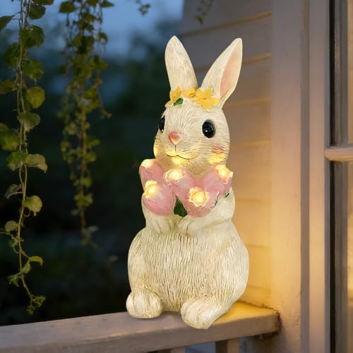 RNPKZ Solar Kaninchen Figuren Gartendeko, 27 cm Kaninchen Solar Gartendeko für Draußen, Hase mit Blumen Umarmen, Solar Osterhasen Figuren Nachtlicht für Garten, Rasen, Balkon, Terrassen, Ostergeschenk