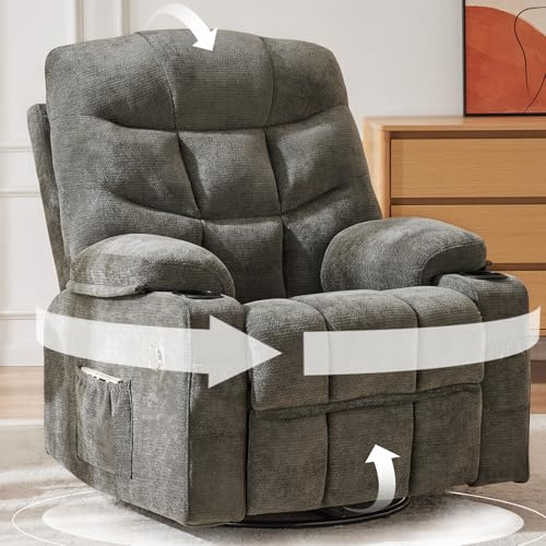 Hicosit 360°Swivel Rocker Recliner Chair,Rocking Recliner Chair with Adjustable Backrest for Adults,Upholstered Fabric Rocking Chair Swivel for Bedroom,Living Room,Grey