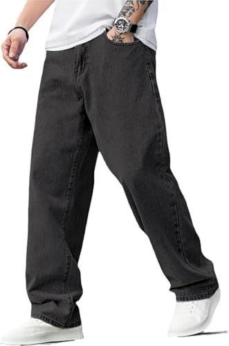 LuminBlaze Pantalones vaqueros holgados para hombre Y2K Streetwear Vintage Pantalones vaqueros de corte holgado, pantalones vaqueros con pierna ancha, informales, pierna recta, Negro , S