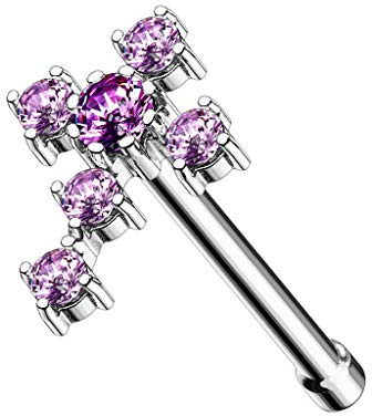 beyoutifulthings Nasenring ZIRKONIA Kreuz 7mm Nasen-Stecker Chirurgenstahl Silber Lila Stab-Länge 6mm
