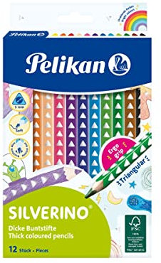 Pelikan Buntstifte-Set Silverino 12-teilig, dreieckig und dick, 12 Farben, Malstifte mit Grip und dreieckigem Schaft