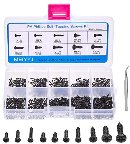 MEIYYJ Small Pan Head Self-Tapping Screws PA Phillips Head Micro Screws Tiny Self-Tapping Screws Assortment Kit Pack of 1000pcs (Black)