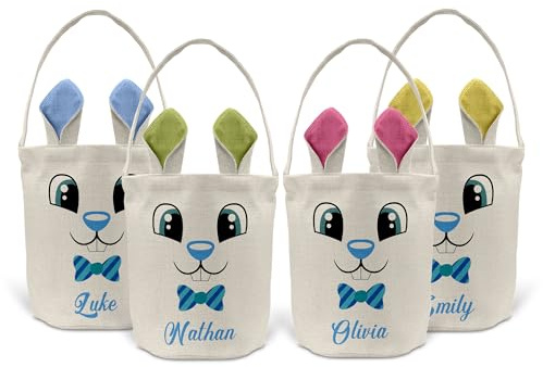 Print Maniacs Personalised Happy Easter Egg Hunt Basket Bucket Treat Sweets Chocolate Bunny Rabbit Treasure Party Gift Bag D3 Add Name (Blue Ears)