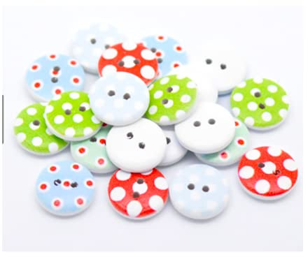 50 Stück Holzknöpfe 15mm rund Punkte Muster Lochgröße 2mm bunte Knöpfe aus Holz für Kinderkleidung annähen aufnähen basteln Scrapbooking Jackenknöpfe DIY