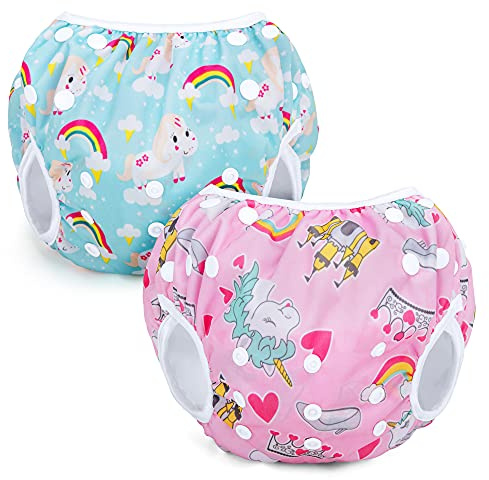 Teamoy pañals nadar lavables(paquete de 2), reutilizables pañales para baño pañales de natación para bebés niño, ponis rosa + ponis azul