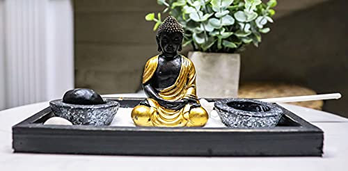 Ebros Meditating Namaste Buddha Monk Shakyamuni in Golden Robe by Twin Barrels Zen Garden with Rock Pebbles Sand and Rake Figurine Buddhism Amitabha Candleholder