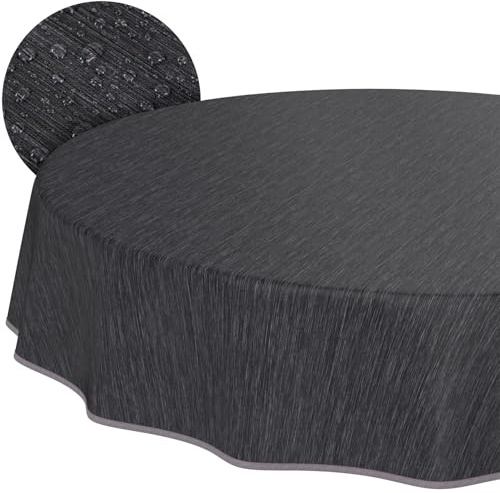 Tischdecke abwaschbar Wachstuch Wachstuchtischdecke Gartentischdecke Leinen-Optik Pflegeleicht Wasserabweisend 140cm (Rund) Anthrazit mit Saum