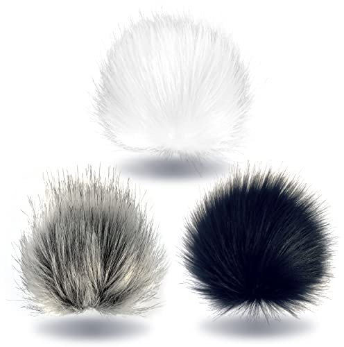 Wohnkult Bommel-Set 3 x Kunstfellbommel Weiß + Dunkelgrau + Schwarz-Metallic Pelz Ø15-17 cm mit Faden Mützen Schlüssel Anhänger Pommel Bommel