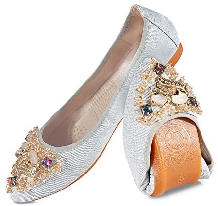 MACHSWON Ballerine da donna pieghevoli arrotolabili per abito da sposa, ballerine con bellissimi strass portatili da donna senza lacci, Argento, 37 EU