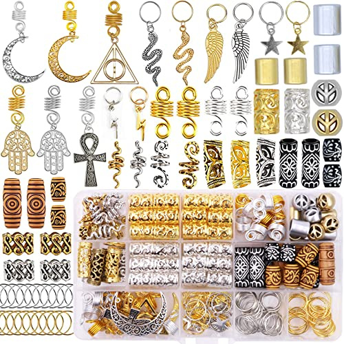NAISKA 184Pcs GoldHair Jewelry for Braids Metal Alloy Snake Braid Clips Dreadlocks Accessories Loc Adornment Wood Beads Hair Charm Hair Rings Cuffs for Women