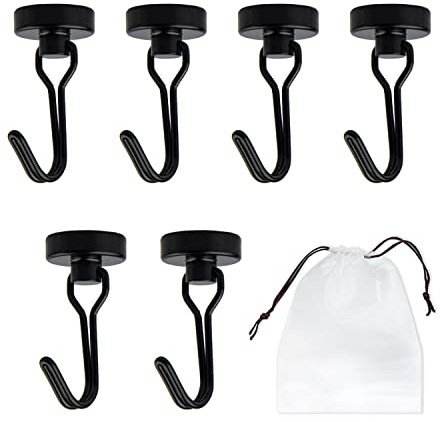 PFLYPF 6 ganchos giratorios magnéticos, 13 kg, gancho magnético de neodimio, con 1 bolsa de almacenamiento, para cocina, dormitorio, oficina, taquilla, frigorífico (D20 mm, negro)