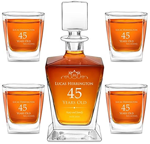 Maverton Customised Whiskey Set for Man - Carafe and 4/6 Glasses with Engraving - Stylish Barware for Birthday for dad - for Whisky Lovers - Geometric Decanter and 4/6 Glasses - Gentleman