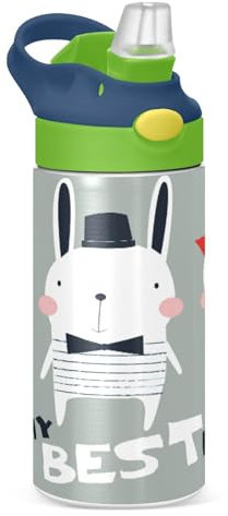 KAAVIYO Best Friend White Bunny Rabbit Water Bottle Stainless Steel Insulated Vacuum Flask Leak Proof with Straw Brush Cup 350ML for Boys Girls Kids