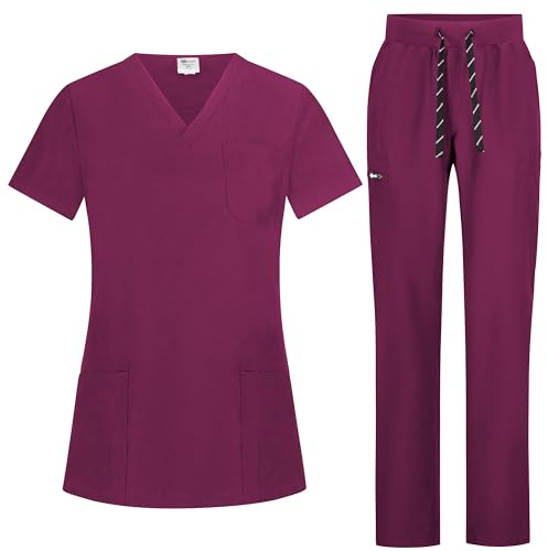 B-well Bella Uniforme Médicale Femme Élastique Ensemble: Haut et Pantalons + Blouse Medicale Femme/Vêtements Médicals Tenue Infirmiere, Bordeaux, S