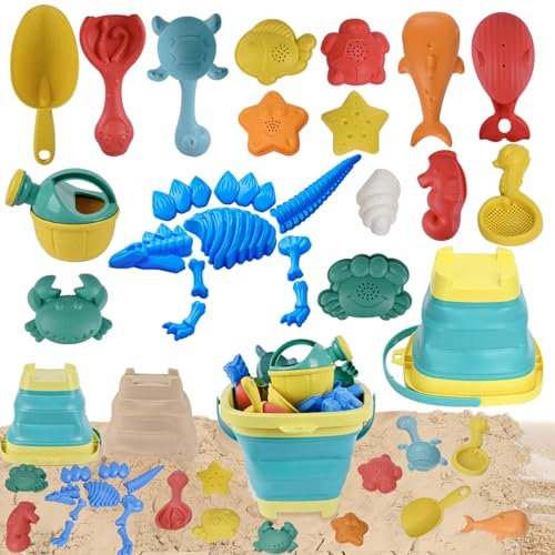Jeackcelle 25PCS Dinosaur Beach and Sand Toys Set - Collapsible Bucket, Molds, Rake, Castle Building Kit for Toddlers