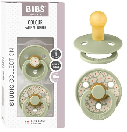 BIBS Colour Studio Schnuller 2er-Pack, BPA-frei, Kirschform Nippel. Naturkautschuk/Latex, Hergestellt in Dänemark, Größe 1 (0-6 Monate), Jasmine Sage
