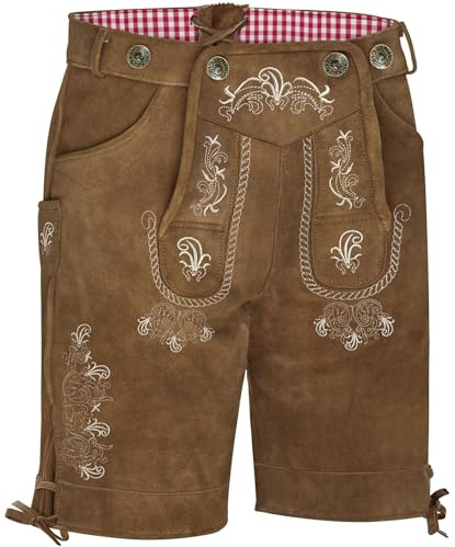 KOSMEEU Hose Herren Tracht Kurz Trachtenhose Trachtenlederhosen Hose Oktoberfest Mann Braun bayrische Trachten Trachtenmode Hosenträger mit Kunst-Wildleder 50