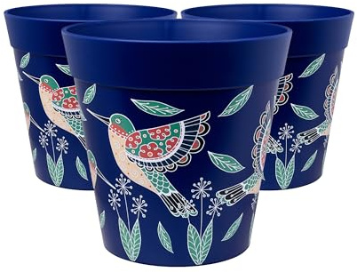 Hum blomkrukor, 25 cm set med 3, olika mönster färger och storlekar, inomhus/utomhus plastväxtkrukor (blå kolibrier)