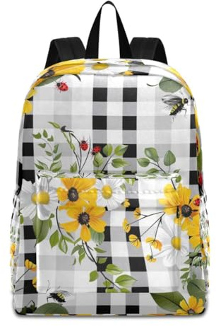 Mnsruu Zaino da viaggio a quadri con margherite bianche e gialle, leggero, per adulti, adolescenti, studenti, ragazzi e ragazze, Bianco Giallo Daisy Nero Bianco Plaid, Taglia unica
