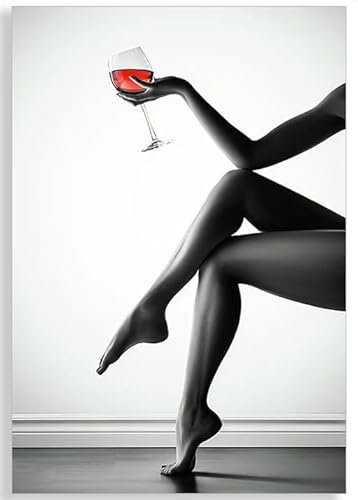 YUPPOG Nude Art Sexy Girl Weinglas Wandkunst Poster Schwarz-Weiß Leinwandgemälde Drucke Bilder für Schlafzimmer Bar Wohnkultur-30x45cm Rahmenlos