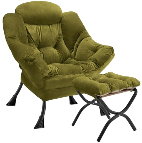 Congermom Lazy Chair with Folding Ottoman Modern Large Accent Chair,Contemporary Lounge Leisure Sofa Chair with Armrests Upholstered Sofa Armchair Reading Chair for Bedroom,Dorm & Office(Green-f)