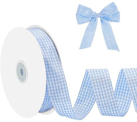 NBEADS 50 Yards Gingham Bänder, 2.5cm Kariertes Bänder 100% Polyester Gewebter Rand Kariertes Bänder Schottisches Bänder Zum Verpacken von Geschenken Party Dekoration, Licht Himmel Blau