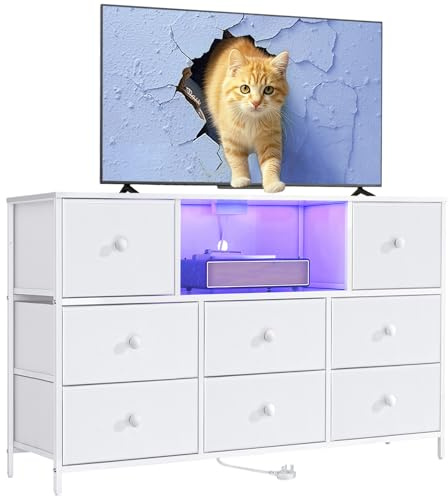 LYNCOHOME White Dresser with Power Outlets and LED Lights, Dresser TV Stand 45 with 8 Drawers, Fabric Chest of Drawers for Bedroom, Living Room, Entryway