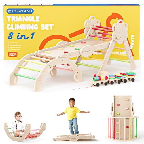 COSYLAND Klettergerüst Indoor L – Großes Kletterdreieck Set mit Kletterbogen & Rutsche – 8-in-1 Massivholz-Spielplatz für Kinder ab 18 Monaten – Warmfarben