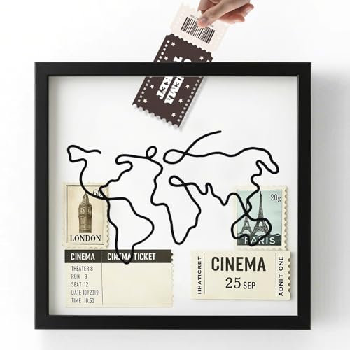 Moorstdel Caja de sombra de viaje de aventura de gran tamaño, caja de billetes de viaje con marco de madera (29 x 29 cm), caja de sombra de boletos con ranuras, caja de recuerdos creativa de madera