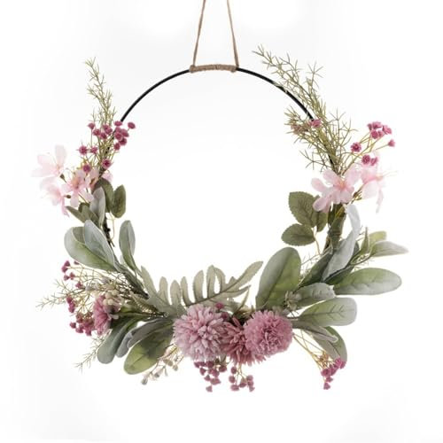 Sileduove Corona de flores artificiales de 41 cm, decoración de puerta con hojas verdes, diente de león, crisantemo, dalia, orquídea para boda, hogar, colgar en la pared, interior y exterior